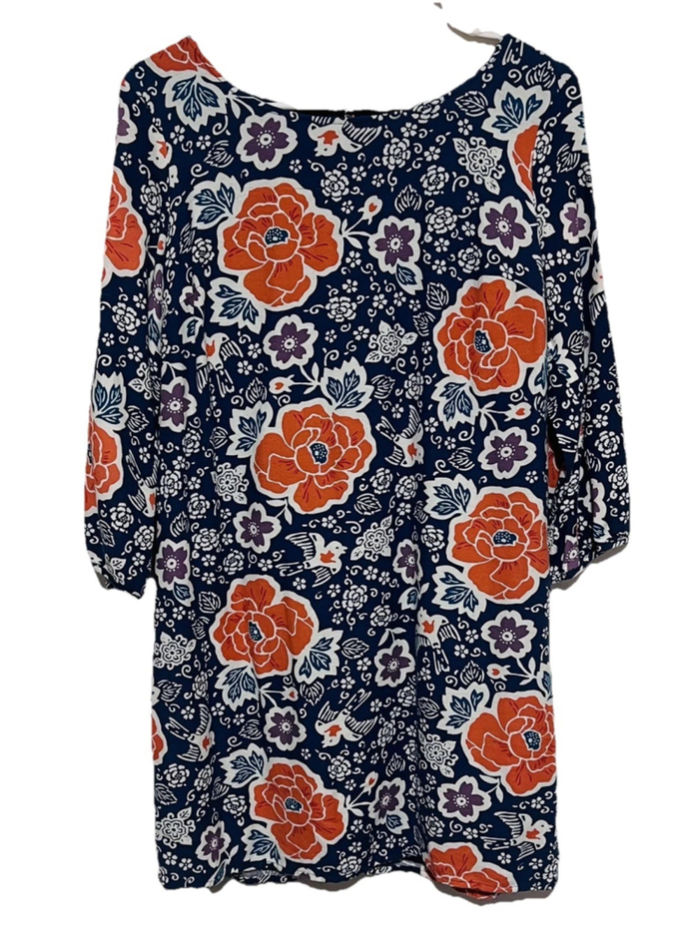 Old Navy Bright Floral Shift Dress Medium Blue Orange Lined Boho 3/4 Sleeve